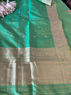 Green Handloom Banarasi Pure Katan Silk Three Piece Pink Meena Flower Design Unstitched Suit Set - Luxurion World