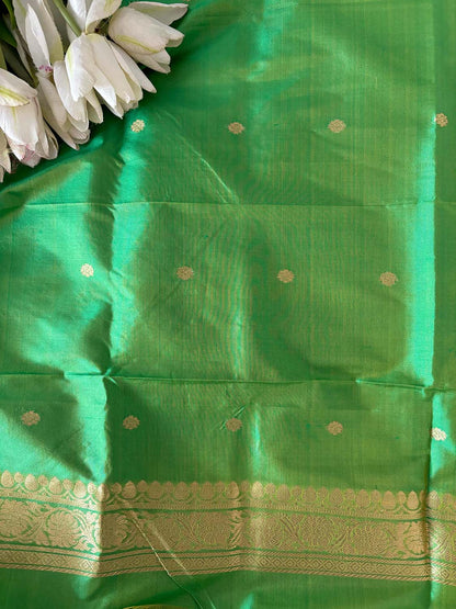 Green Handloom Banarasi Pure Katan Silk Three Piece Pink Meena Flower Design Unstitched Suit Set - Luxurion World