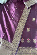 Burgundy Handloom Banarasi Pure Katan Silk Three Piece Pink Meena Flower Design Unstitched Suit Set - Luxurion World