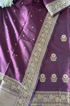 Burgundy Handloom Banarasi Pure Katan Silk Three Piece Pink Meena Flower Design Unstitched Suit Set - Luxurion World