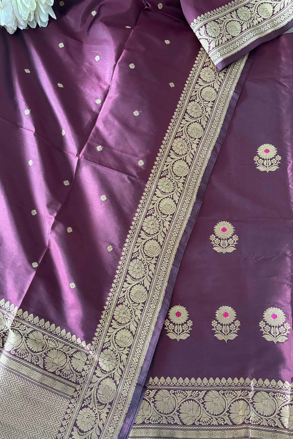 Burgundy Handloom Banarasi Pure Katan Silk Three Piece Pink Meena Flower Design Unstitched Suit Set - Luxurion World