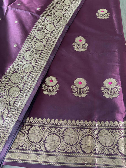 Burgundy Handloom Banarasi Pure Katan Silk Three Piece Pink Meena Flower Design Unstitched Suit Set - Luxurion World