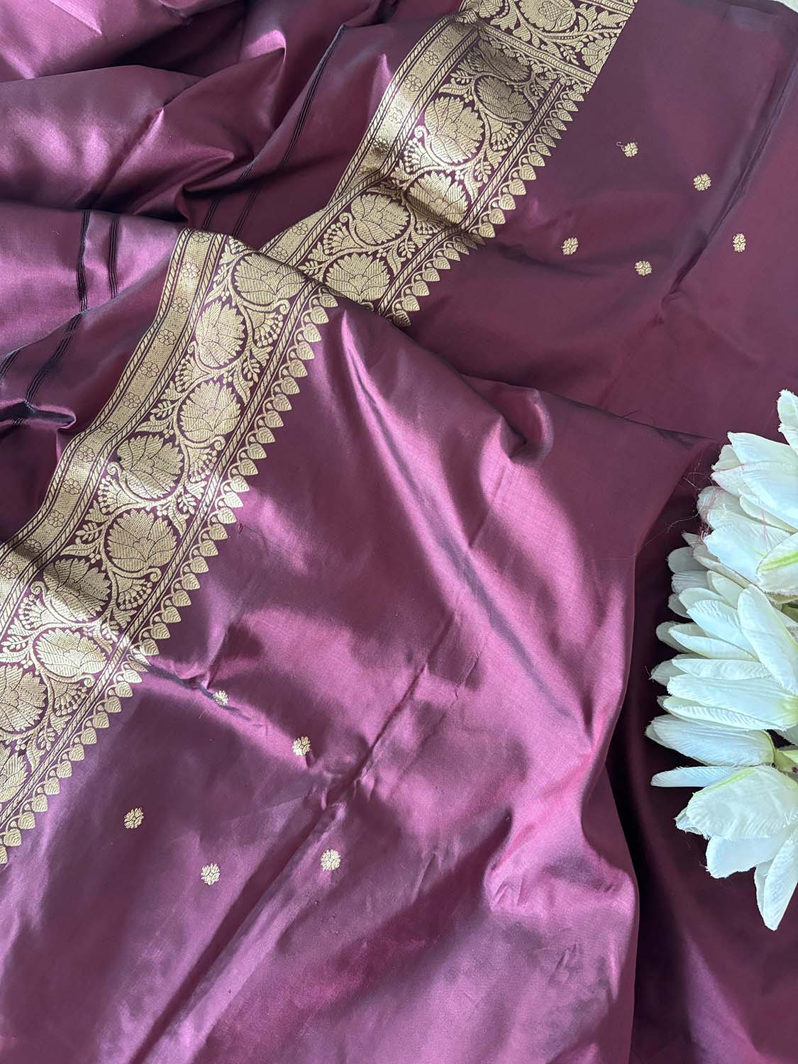 Burgundy Handloom Banarasi Pure Katan Silk Three Piece Pink Meena Flower Design Unstitched Suit Set - Luxurion World