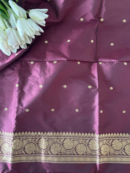 Burgundy Handloom Banarasi Pure Katan Silk Three Piece Pink Meena Flower Design Unstitched Suit Set - Luxurion World