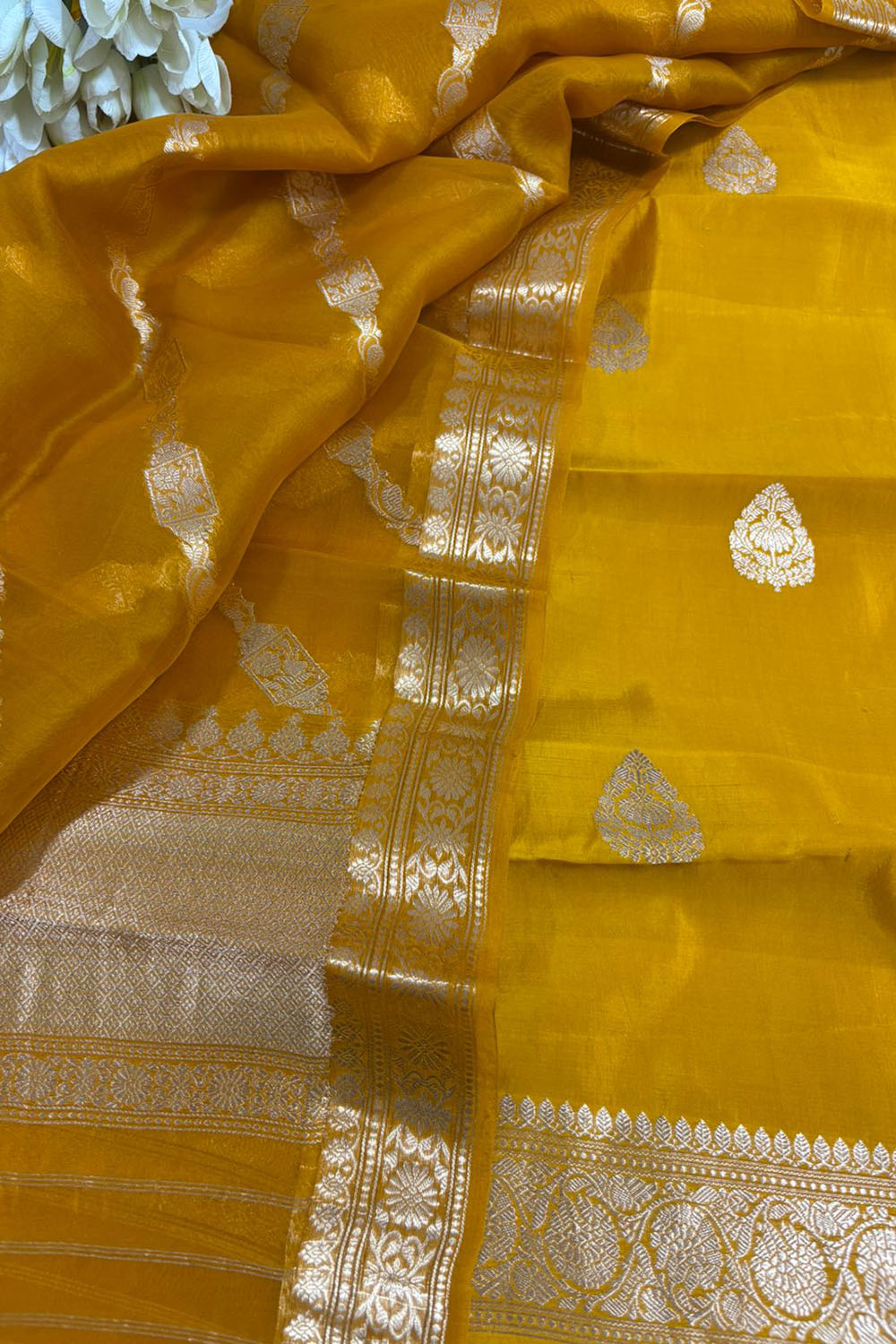 Yellow Banarasi Pure Chiniya Silk Two Piece Unstitched Suit Set With Kora Silk Dupatta - Luxurion World