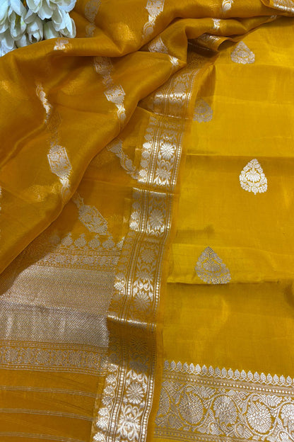 Yellow Banarasi Pure Chiniya Silk Two Piece Unstitched Suit Set With Kora Silk Dupatta - Luxurion World