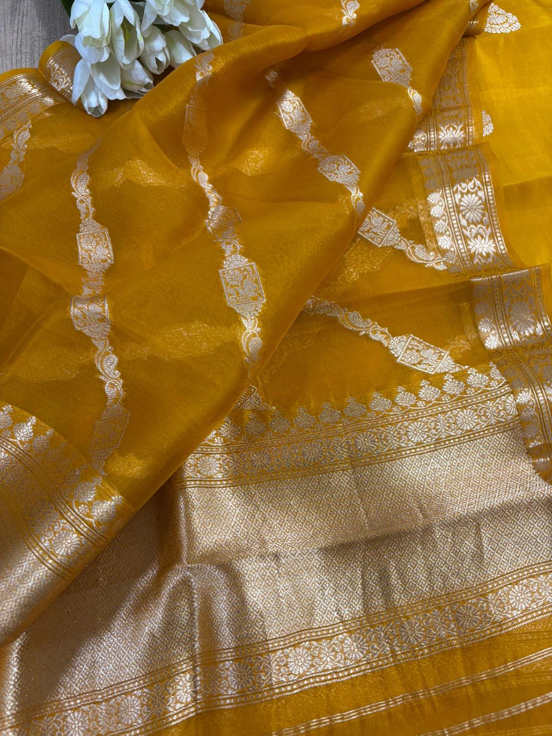 Yellow Banarasi Pure Chiniya Silk Two Piece Unstitched Suit Set With Kora Silk Dupatta - Luxurion World