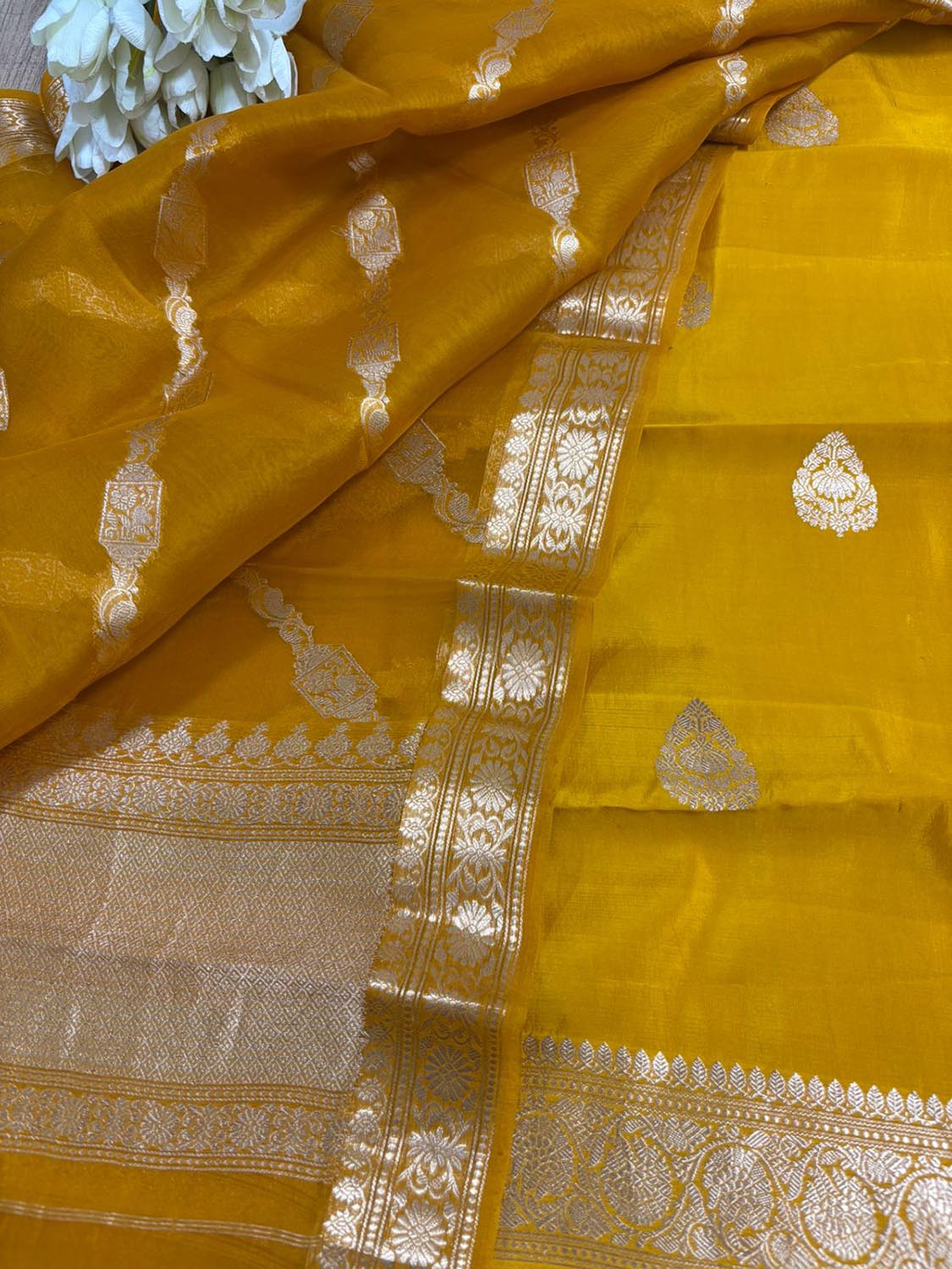 Yellow Banarasi Pure Chiniya Silk Two Piece Unstitched Suit Set With Kora Silk Dupatta - Luxurion World