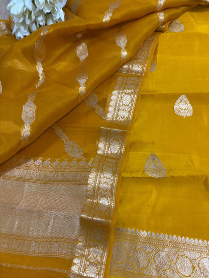 Yellow Banarasi Pure Chiniya Silk Two Piece Unstitched Suit Set With Kora Silk Dupatta - Luxurion World