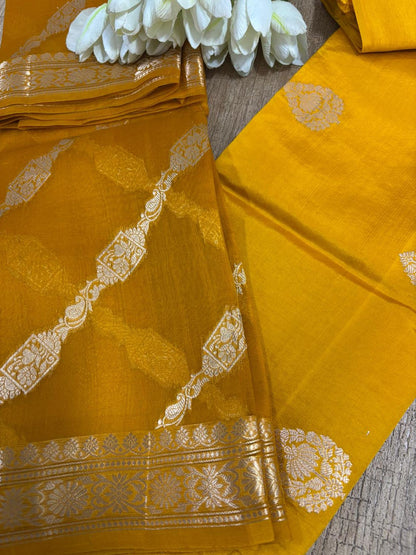 Yellow Banarasi Pure Chiniya Silk Two Piece Unstitched Suit Set With Kora Silk Dupatta - Luxurion World