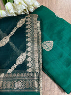 Elegant Green Banarasi Pure Chiniya Silk Three Piece Unstitched Suit Set With Kora Silk Dupatta - Luxurion World