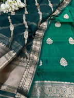 Elegant Green Banarasi Pure Chiniya Silk Three Piece Unstitched Suit Set With Kora Silk Dupatta - Luxurion World