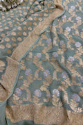 Green Banarasi Pure Georgette Sona Roopa Three Piece Unstitched Suit Set - Luxurion World