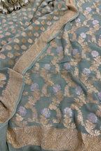 Green Banarasi Pure Georgette Sona Roopa Three Piece Unstitched Suit Set - Luxurion World