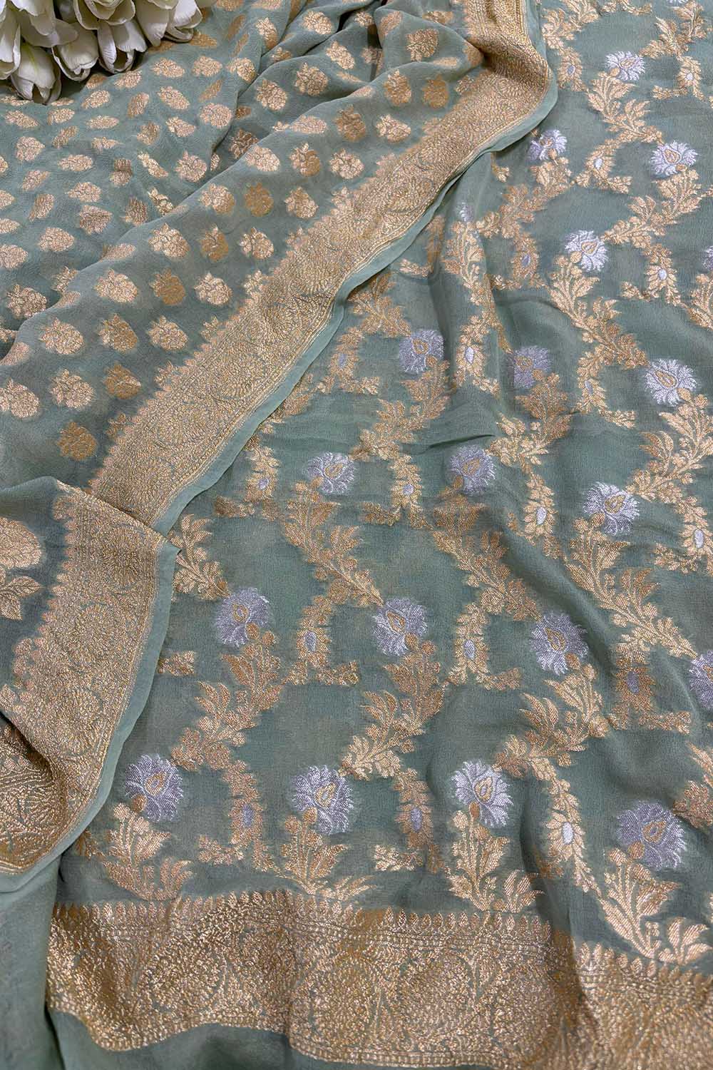 Green Banarasi Pure Georgette Sona Roopa Three Piece Unstitched Suit Set - Luxurion World