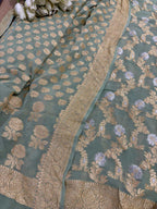 Green Banarasi Pure Georgette Sona Roopa Three Piece Unstitched Suit Set - Luxurion World