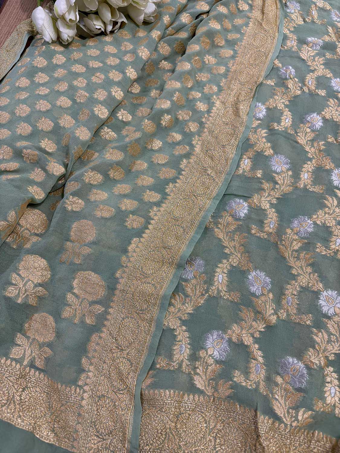 Green Banarasi Pure Georgette Sona Roopa Three Piece Unstitched Suit Set - Luxurion World