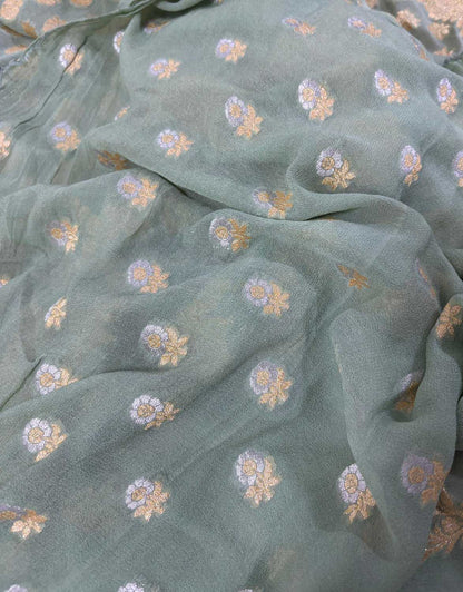 Green Banarasi Pure Georgette Sona Roopa Three Piece Unstitched Suit Set - Luxurion World