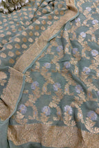 Green Banarasi Pure Georgette Sona Roopa Three Piece Unstitched Suit Set - Luxurion World