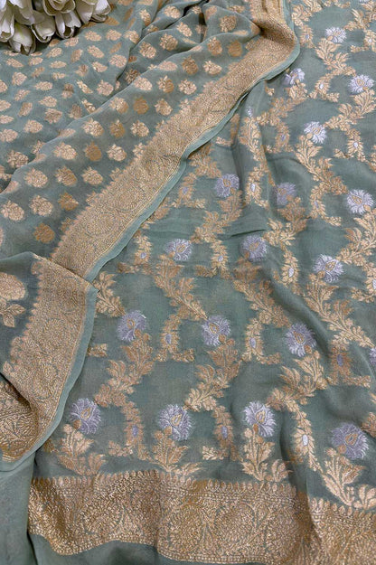 Green Banarasi Pure Georgette Sona Roopa Three Piece Unstitched Suit Set - Luxurion World