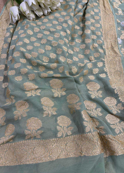 Green Banarasi Pure Georgette Sona Roopa Three Piece Unstitched Suit Set - Luxurion World