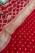 Red Banarasi Bandhani Pure Georgette Meenakari Three Piece Unstitched Suit Set - Luxurion World