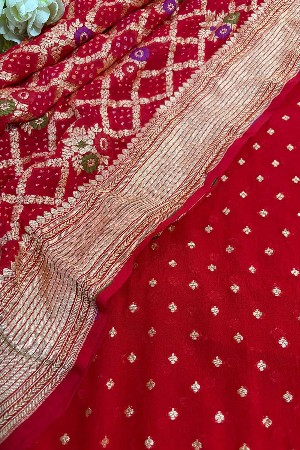 Red Banarasi Bandhani Pure Georgette Meenakari Three Piece Unstitched Suit Set - Luxurion World