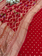 Red Banarasi Bandhani Pure Georgette Meenakari Three Piece Unstitched Suit Set - Luxurion World