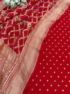 Red Banarasi Bandhani Pure Georgette Meenakari Three Piece Unstitched Suit Set - Luxurion World