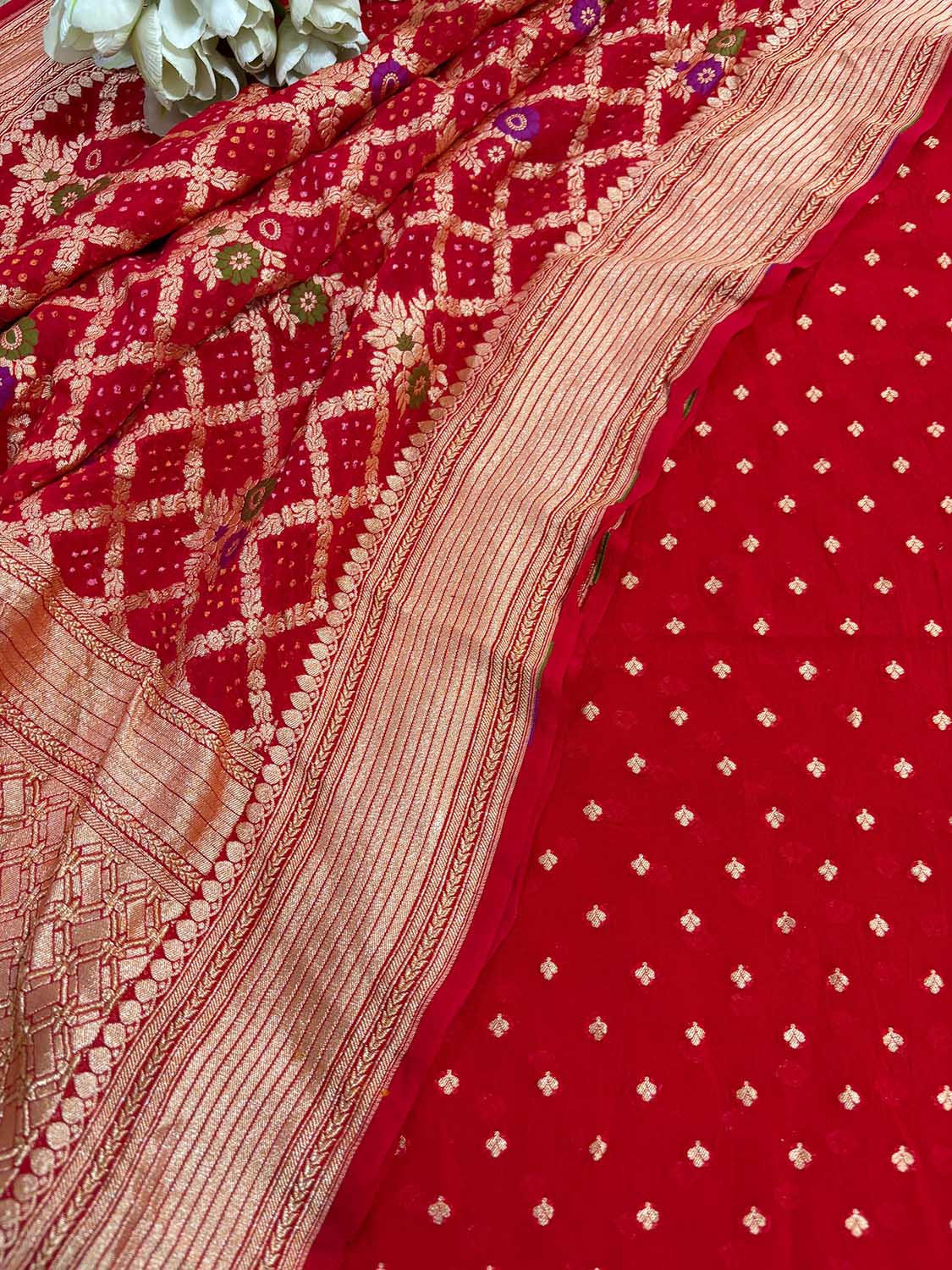 Red Banarasi Bandhani Pure Georgette Meenakari Three Piece Unstitched Suit Set - Luxurion World