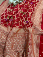 Red Banarasi Bandhani Pure Georgette Meenakari Three Piece Unstitched Suit Set - Luxurion World