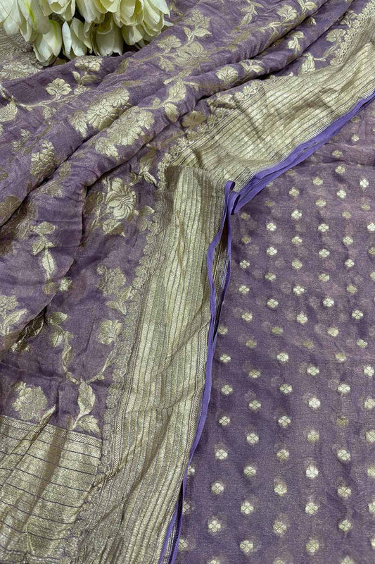 Elegant Purple Banarasi Pure Tissue Georgette Two Piece Unstitched Suit Set - Luxurion World