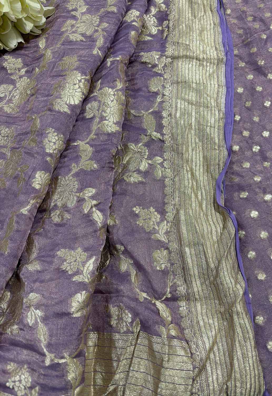 Elegant Purple Banarasi Pure Tissue Georgette Two Piece Unstitched Suit Set - Luxurion World