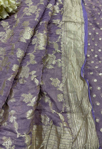 Elegant Purple Banarasi Pure Tissue Georgette Two Piece Unstitched Suit Set - Luxurion World