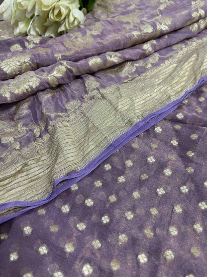 Elegant Purple Banarasi Pure Tissue Georgette Two Piece Unstitched Suit Set - Luxurion World