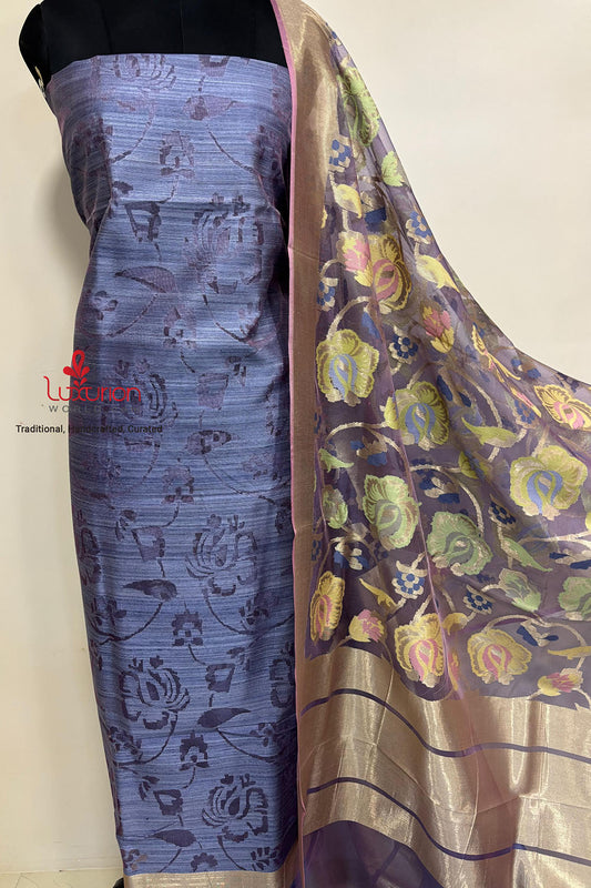 Blue Banarasi Pure Dupion Silk Three Piece Unstitched Suit Set With Net Dupatta - Luxurion World