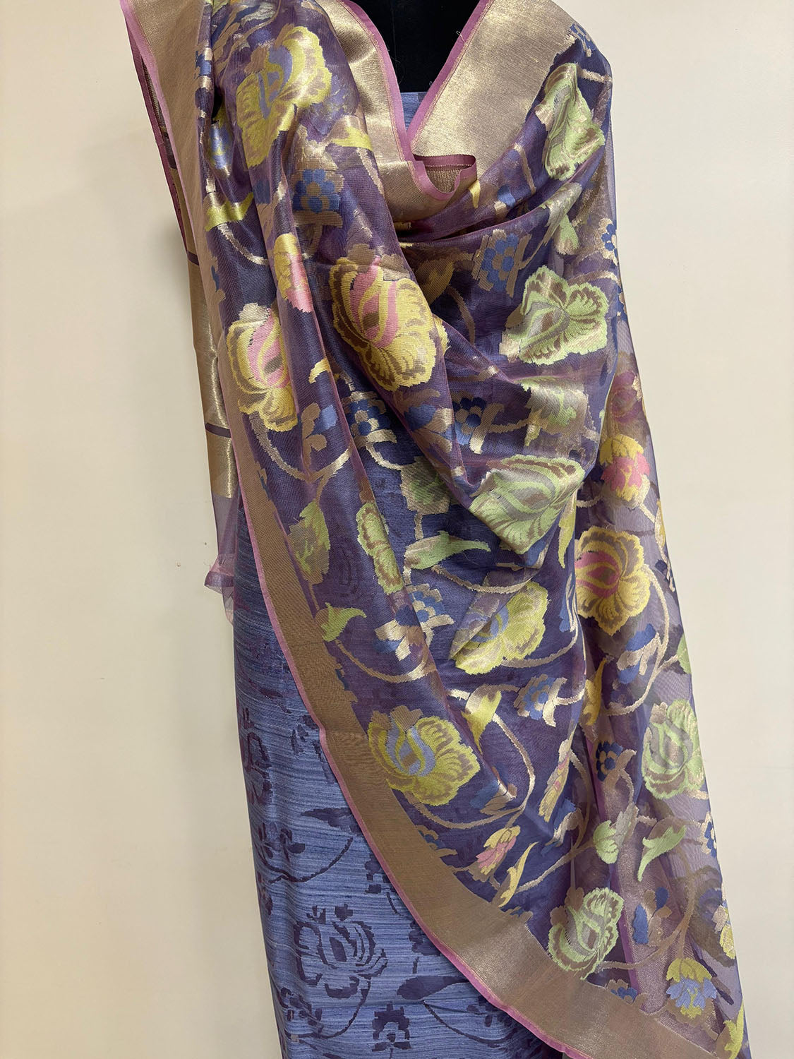 Blue Banarasi Pure Dupion Silk Three Piece Unstitched Suit Set With Net Dupatta - Luxurion World