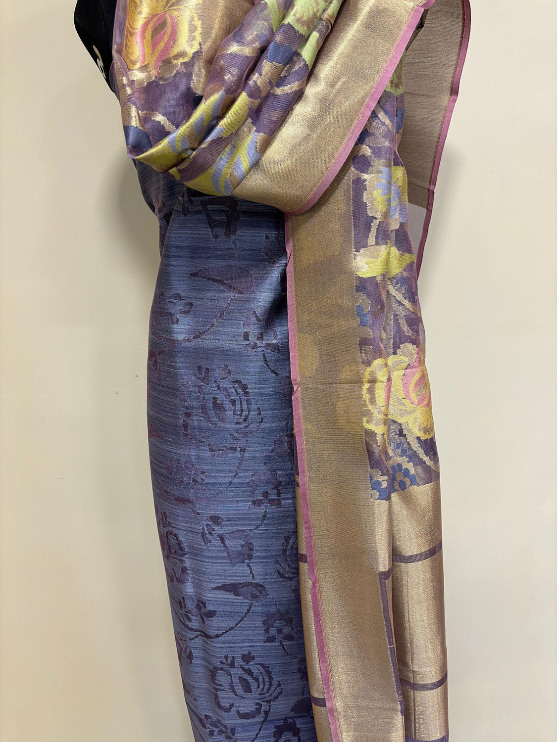 Blue Banarasi Pure Dupion Silk Three Piece Unstitched Suit Set With Net Dupatta - Luxurion World