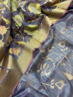 Blue Banarasi Pure Dupion Silk Three Piece Unstitched Suit Set With Net Dupatta - Luxurion World