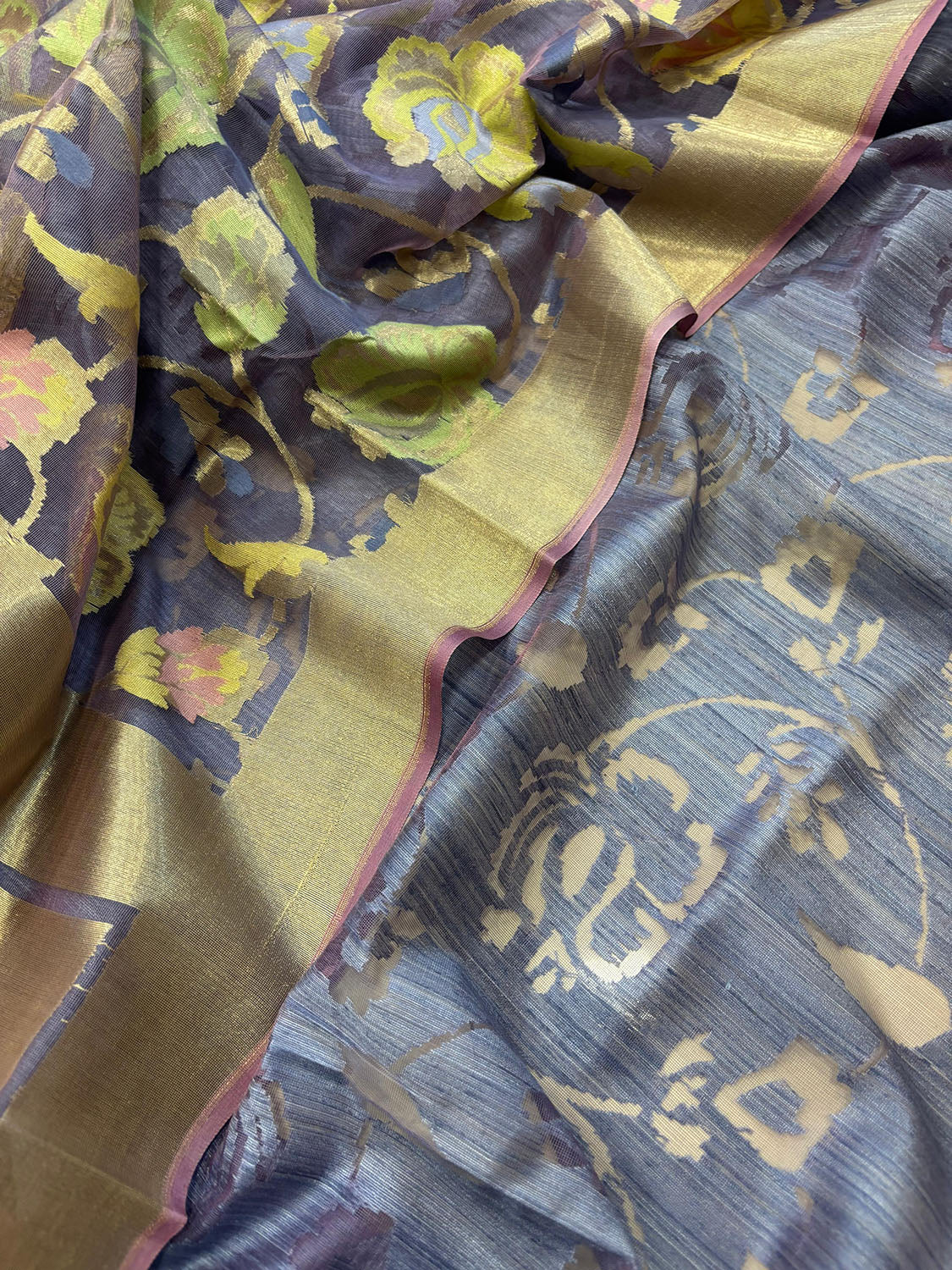 Blue Banarasi Pure Dupion Silk Three Piece Unstitched Suit Set With Net Dupatta - Luxurion World