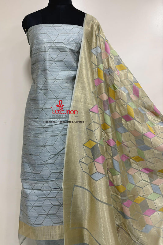 Elegant Grey Banarasi Pure Dupion Silk Three Piece Unstitched Suit Set With Net Dupatta - Luxurion World