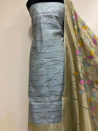 Elegant Grey Banarasi Pure Dupion Silk Three Piece Unstitched Suit Set With Net Dupatta - Luxurion World
