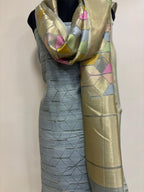 Elegant Grey Banarasi Pure Dupion Silk Three Piece Unstitched Suit Set With Net Dupatta - Luxurion World