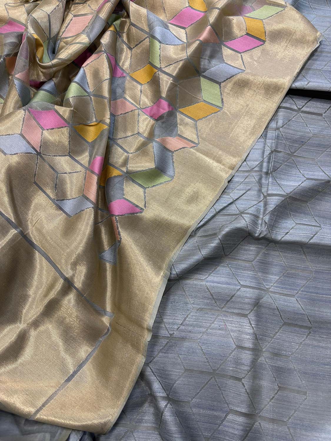 Elegant Grey Banarasi Pure Dupion Silk Three Piece Unstitched Suit Set With Net Dupatta - Luxurion World