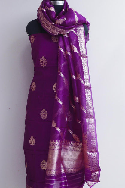 Exquisite Banarasi Pure Chiniya Silk Three Piece Unstitched Suit Set With Kora Silk Dupatta - Luxurion World