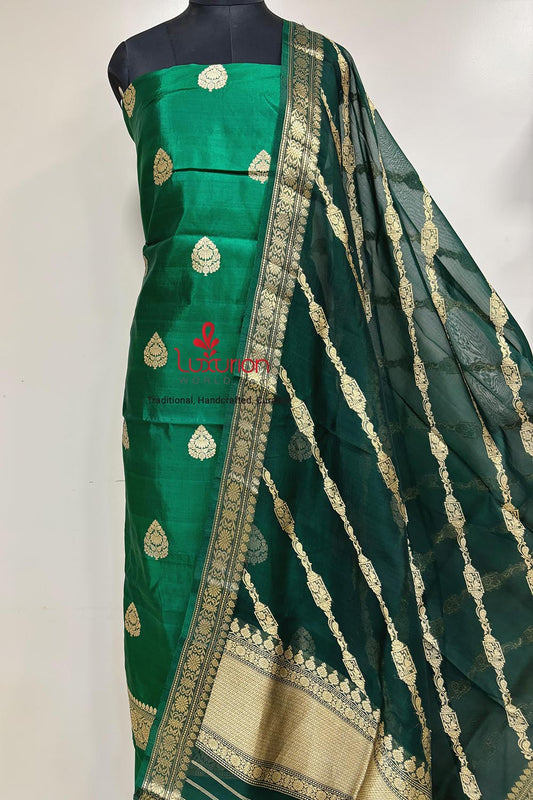 Elegant Green Banarasi Pure Chiniya Silk Three Piece Unstitched Suit Set With Kora Silk Dupatta - Luxurion World