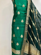 Elegant Green Banarasi Pure Chiniya Silk Three Piece Unstitched Suit Set With Kora Silk Dupatta - Luxurion World