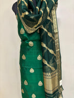 Elegant Green Banarasi Pure Chiniya Silk Three Piece Unstitched Suit Set With Kora Silk Dupatta - Luxurion World
