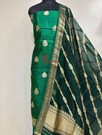 Elegant Green Banarasi Pure Chiniya Silk Three Piece Unstitched Suit Set With Kora Silk Dupatta - Luxurion World
