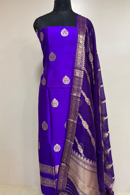 Elegant Blue Banarasi Pure Chiniya Silk Three Piece Unstitched Suit Set With Kora Silk Dupatta - Luxurion World